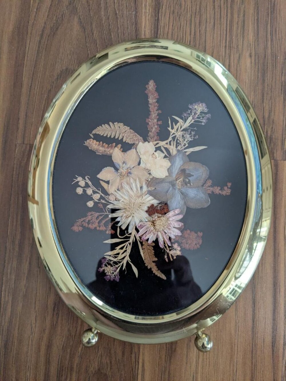 VTG Goldtone Oval Footed Frame Black Backing with Botanical dry Pressed Flowers